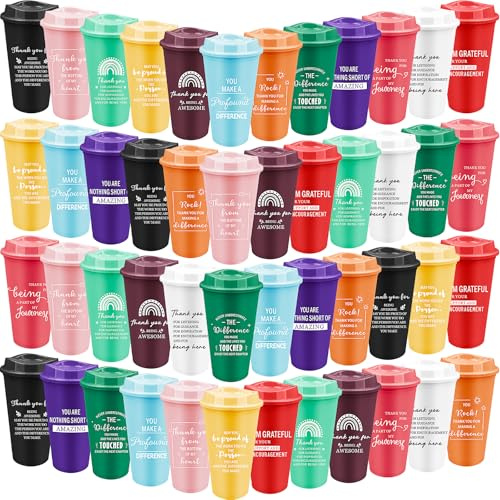 MSYU Lot de 48 tasses à café en plastique réutilisables avec couvercle pour femme, enseignante, collègue, personnel (470 ml, couleurs classiques)