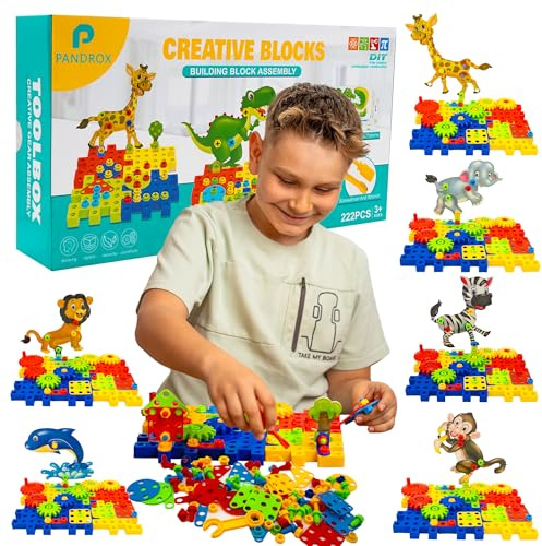 Pandrox Steckspiel Spielzeug ab 3 4 5 6 Jahre Kinderspiele Werkzeug 3D Dinosaurier Spielzeug Puzzle Mosaik Bausteine Schraubspielzeug kreatives Kinder Jungen Mädchen 222 Teile