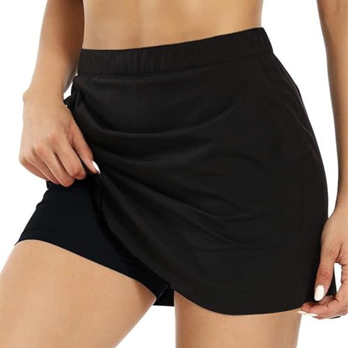 Rock Mit Hose Drunter 2 in 1 Tennisrock Damen mit Balltasche Hosenrock Damen Kurz Sommer Schwarz Tennis Rock Sportrock Skort Minirock (L, Schwarz)