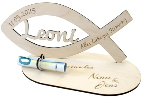 personalisierter Tauffisch Geldgeschenk zur Taufe, Firmung, Kommunion, Konfirmation - versch. Farben - ca. 20 x 9,4 cm- Deko, Geschenkidee (Natural Design)