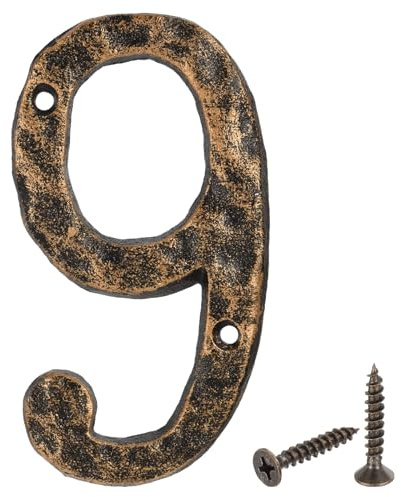 QUARKZMAN 5.5 Número de Casa 9 Negro & Dorado | Letras y Números de Hierro Fundido, Metal Alfabeto DIY Vintage, para Pared, Casa, Calle, Oficina, Buzón
