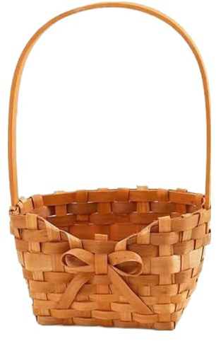 Panier à fleurs avec poignée, nœud tissé à la main, panier en osier avec poignée – Copeaux de bois portable, décoration de mariage rustique, récipient de rangement pour la maison, les anniversaires de