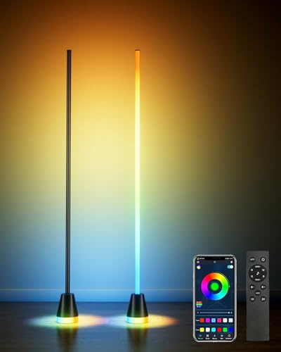 rhinowisdom 2 Pack RGB Corner Floor Lamp with APP & Remote, 65 LED Floor Lamp with APP and 16 Million Colors, 300+ Preset Scenes, Music Sync - Mood Lighting for Living Room, Bedroom