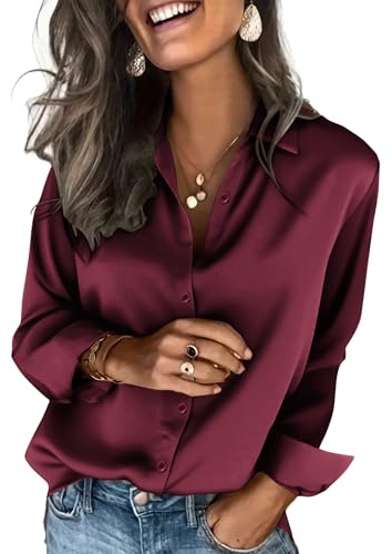 Zeagoo Satin Blouses for Women Silk Button Down Shirts Long Sleeve Blouses Dressy Casual Wine Red