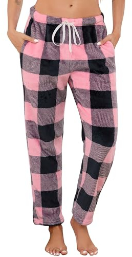 Vlazom Pantalones de pijama de franela para mujer de invierno - Pantalones de dormir con estampado de cuadros y rayas para damas S-2XL