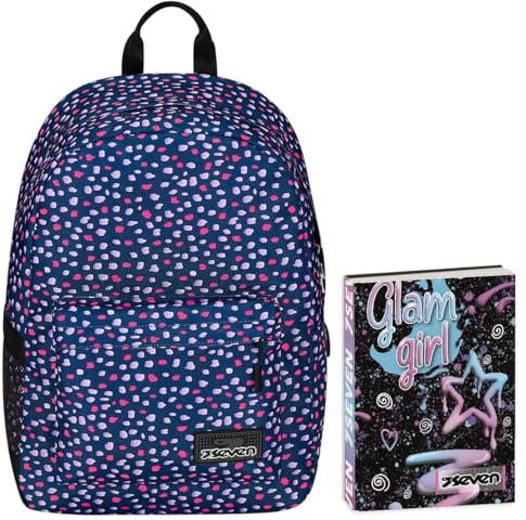Zaino Monoscomparto Seven IschoolPack, Viola e Rosa, Con Power Banck integrato e Usb Plug, Scuola e Viaggio + Seven Diario 12 Mesi, Nero, Ragazza