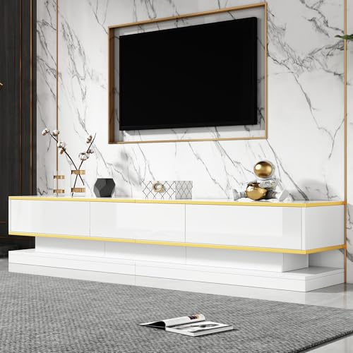 SogesHome Fernsehschrank 200×40×40cm – Weiß Hochglanz TV Lowboard mit 3 Schubladen & offenem Regal, Goldkante, Modernes Design für Wohnzimmer, TV-Tisch mit Stauraum