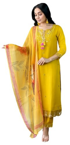 Women’s Mustard Chanderi Silk 3Pcs Suit Set–Embroidered Kurta, Matching Pant & Printed Dupatta Elegant Festive & Party Wear (Mustard, XL)