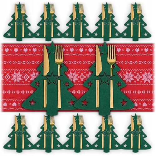 KRUMAD Weihnachtsdeko Tisch 12er Set – Bestecktasche Weihnachten in Tannenbaum-Form – Grüne Filz Weihnachtsgeschirr Deko für Besteck – Tischdeko Weihnachten & Party Deko