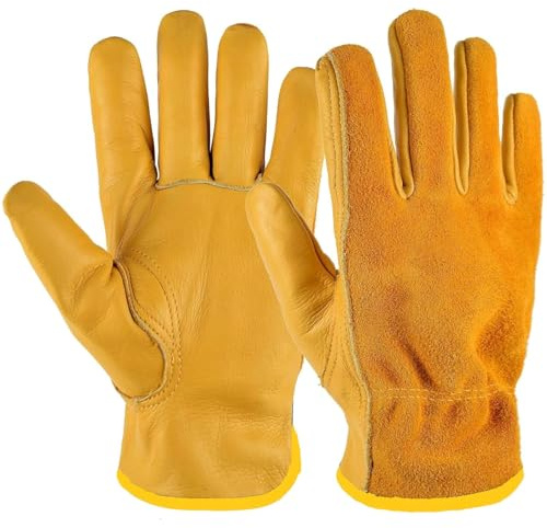 Premium Gardening Hand Gloves for Men and Women, Tough Thorn-Proof Pure Cow Leather Safety Work Gloves, Heavy-Duty Rigger Protective Gloves with Strong Grip for Garden Yard Mechanic Welding (X-Large)