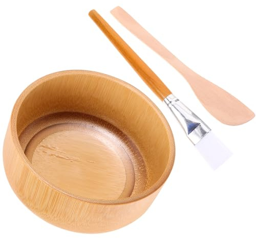 Ipetboom Juego de Cuenco para Mascarillas Casero de Madera Set 3 Piezas Espátula y Brocha Herramienta Práctica para Mezclar y Aplicar Mascarillas Faciales en Salones y Uso Personal