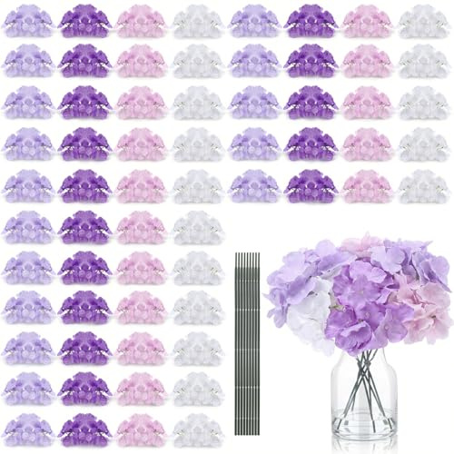 Suncalla 60 Pcs Artificial Hydrangea Flowers Bulk Silk Hydrangea Full Flowers Heads with Stems for Wedding, Home Table Centerpieces, Garden, Baby Shower, Party Decoration (Purple)