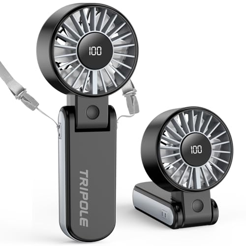TriPole Handventilator, tragbarer USB Ventilator, 5 Geschwindigkeiten, starker Luftstrom, LED-Anzeige, 4000mAh Mini Ventilator klappbar für Reisen, Urlaub, Tisch, Outdoor, Ausflug (Schwarz)