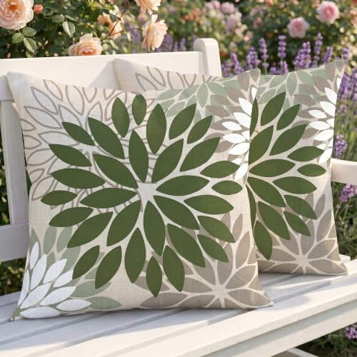 Luzzxfa 2er Set Outdoor Kissenbezug 40x40 cm Wetterfest Dahlien Dekokissen Zweiseitiges Muster Grün Blumen Sofakissen Modern Kissen Leinen Kissenbezüge Dekorative für Sofa Garten Balkon Camping