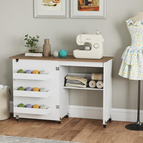 GIANTEX Nähtisch klappbar, Nähmaschinentisch auf Rollen, Nähtisch für Nähmaschine, Nähschrank Holz, Mehrzwecktisch für Wohnzimmer Arbeitszimmer Schlafzimmer (Weiß+Eiche)