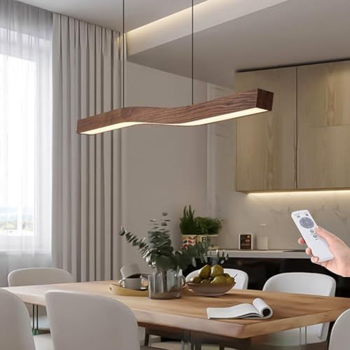 NVKE Hängeleuchte esstisch Holz Dimmbar Linear Design Pendelleuchte Esstisch lampe Lineare Walnuss Hängelampe mit Fernbedienung höhenverstellbar Kronleuchter für Esszimmer Küche Büro Lampe(120cm)