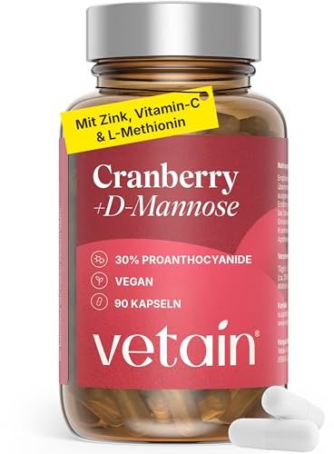 VETAIN Cranberry D-Mannose Kapseln - 90 Kapseln - 5-fach Cranberry Komplex mit Vitamin C, Zink & L-Methionin – 1.500mg D Mannose hochdosiert - Vegan, ohne Zusätze & laborgeprüft