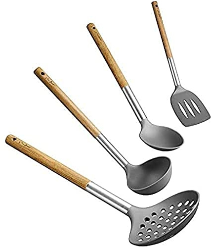 Lamart, set di utensili da cucina composto da spatola, mestolo, schiumarola, colino, in nylon con manico in legno