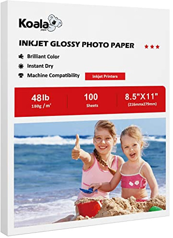 Koala Glossy Inkjet Photo Paper 8.5X11 Inches 48lb 100 Sheets Professional Glossy Photographic Paper Compatible with Inkjet Printer Use DYE INK 180GSM