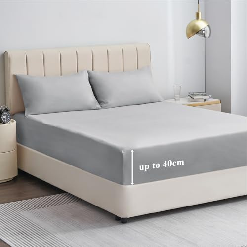 Aisbo King Size Fitted Sheet Grey - Extra Deep Pocket Bed Sheet 16 inch 40 cm - Microfiber Bottom Sheet, 150x200cm