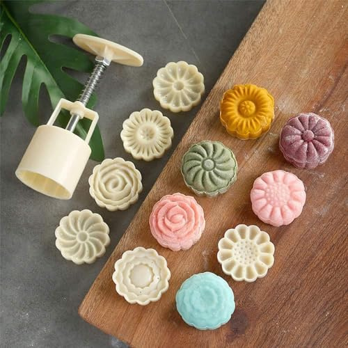 PIXRIY Mooncake Mold with 6 Stamps,Mid-Autumn Festival Hand-Pressure Flower Moon Cake Mould 50g DIY Decoration Mooncake Press Molds