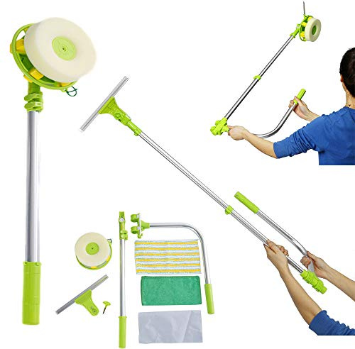 2 in 1 Mulpurpose Window Cleaning Tool, U Shaped Telescopic High Rise Window Cleaner, Adjustable Sponge Head and Squeegees Kit with 1.4m Extendable Pole, Green - 3 Year Warranty