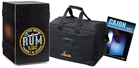 XDrum Design Series Cajon “Rum” Set - Designer-Cajon mit Vintage-Aufdruck - Integrierter Bass Port - Korpus aus HPL in Bananenkisten-Optik - Snare-Effekt - inkl. Tasche und Cajon-Schule