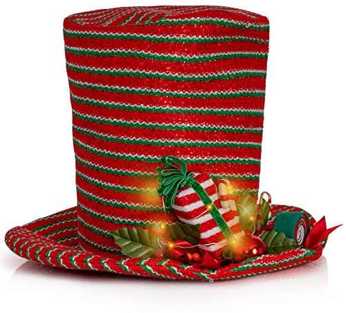 Ornativity Sombrero de muñeco de nieve para árbol – Sombrero de invierno para día festivo de invierno con adorno rojo, bolas de bayas, acebo de muérdago y decoraciones de dulces y luces LED