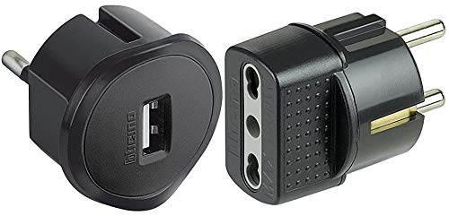 BTicino S3625GU Adattatore con Presa USB per Tutti Gli Standard di Prese, 1.5A, 250 V, Nero & S3625GE Adattatore con Spina Tedesca e Presa Bipasso, Colore Nero