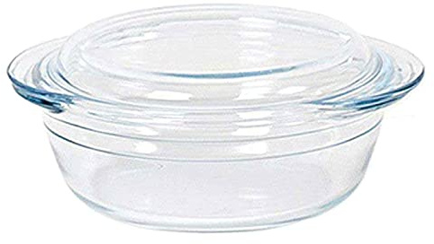 Cacerola de vidrio borosilicato con tapa 1.1 L + 0,3 L. Cazuela, fuente, molde redondo para horno con asas 21 x 18 x 8 cm