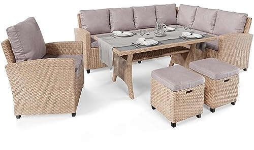 di volio Gartenmöbel-Set Polyrattan Lounge für bis zu 9 Personen Rossano | Ecksofa, Sessel, 2 Hocker, Glastisch, Sitz- und Rückenkissen, Stahlrahmen, UV-beständig, pflegeleicht