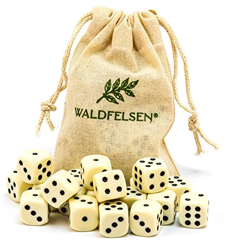 Waldfelsen® Högkvalitativa tärningar, 6, 12, 20, 30 eller 50 stycken, i standardstorlek: 16 mm, 6-sidiga akryltärningar, speltillbehör, i set med tygpåse (elfenbensfärger, 20 stycken)