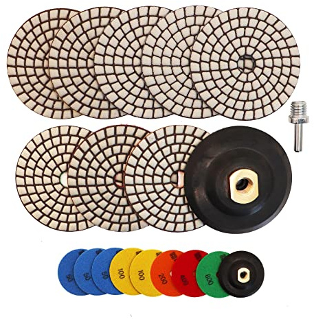 HIGHDRIL Disque de Polissage Diamant - 8PCS (#50x3/#100x2/#200/#400/#800) 100MM avec Support en Caoutchouc + Adaptateur M14 pour Granit Pierre Marbre Kit de Polissage pour Perceuse Meuleuse Polisseuse