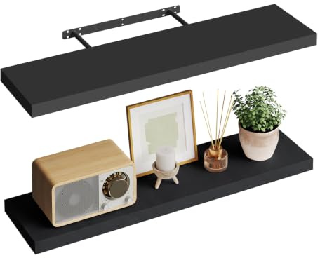WOLTU Wandregal,Schweberegal Schwarz,90x22.9x3.8cm,MDF 2er | Wandregal 2er Set, Regalbrett, freischwebend Schweberegal, Wand Regal Wandboard für Büro, Wohnzimmer, Schlafzimmer, Küche