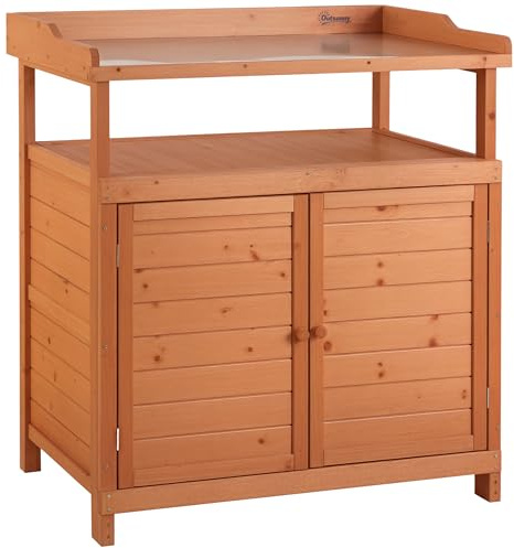 Outsunny Multi-function Potting Bench Table w/Storage Cabinet and Galvanized Table Top, Wooden Planting Workstation, 98cm x 47cm x 105cm