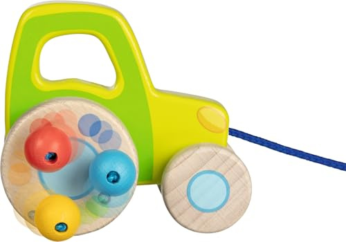 goki 54868 Ziehfahrzeug Traktor aus Holz, Nachzieh-Spielzeug mit Klackerperlen, Lernspielzeug inkl. Schnur, Babyspielzeug fördert Koordination und Motorik, 11cm x11cm x 10cm, ab 1 Jahr