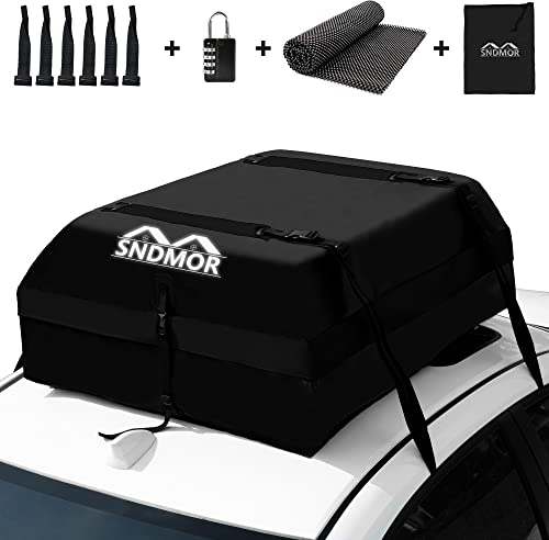 SNDMOR Bolsa de Techo, 425L/15 Pies Cúbicos de Equipaje de Techo Impermeable, Adecuada para Todos Los Vehículos con/Sin Portaequipajes, Incluye Alfombra Antideslizante + 4 Correas de Refuerzo (Negro)