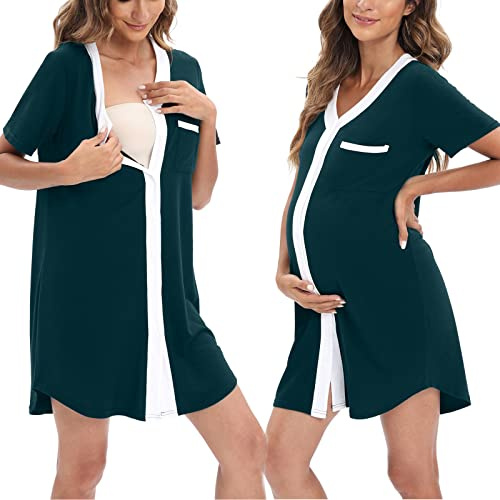 Balems Umstandsnachthemd Stillnachthemd mit Knopfleiste, Damen Lang-/Kurzarm Umstandskleid V-Ausschnitt Geburtskleid Nachtkleid mit Tasche, S-2XL