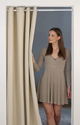 tinycurtains, tenda per porta o armadio con asta telescopica, facile da installare in 1 solo minuto senza forare (tenda beige + asta bianca, larghezza porta 70-120 cm)
