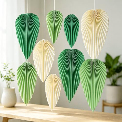 SUNBEAUTY 9Pcs Summer Paper Leaves Decorations for Wall Hanging Paper Fans | Paper Palm Leaves Fans Party Decorations for Classroom Forest Birthday Party Tropical Jungle Theme Party Decor