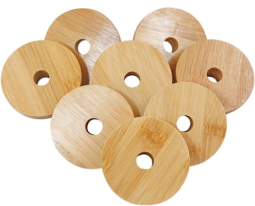 Coufce Bambus-Deckel mit Strohhalm-Loch, 86 mm breite Öffnung, Einmachgläser, wiederverwendbare Bambusdeckel (8 Stück) | Strohhalmloch, Deckel für Einmachgläser, wiederverwendbar
