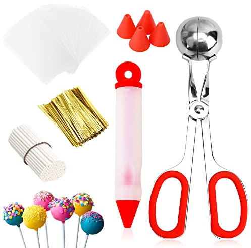 SULICRE Cake Pop Kit, Including 100 Cake Pop Sticks and Wrappers, 100 Twist Ties, 1 Cake Pop Scooper and Decorating Pen, Cake Pops Making Tools for Lollipop, Candies, Chocolates and Cookies,red