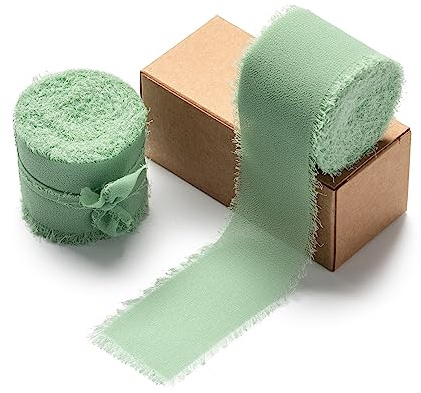 AOKSUNOVA Chiffonband 3,8cm Schleifenband Geschenkband Grün Schwarz | 2 Rollen Breites Band mit Fransenstruktur als Stoffband für Hochzeit, Einladungen, Sträuße und Kreative Dekorationen
