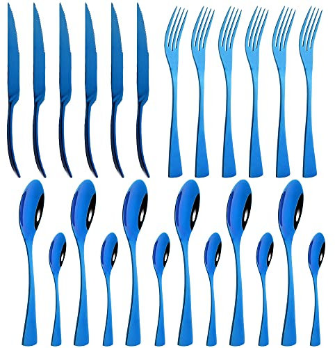 24 pièces ensemble de couverts arc-en-ciel ensemble de vaisselle de luxe ensemble d'argenterie en acier inoxydable couteau à Steak fourchette cuillère couverts vaisselle occidentale (Color : Blue)