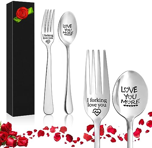 Yueshop 2PCS Stainless Steel Engraved Dinner Fork & Spoon, Exquisite Letter 'I Forking Love You', Personalized Carving Set with Luxury Box (Red Rose) Gifts for Valentine's Day & Christmas