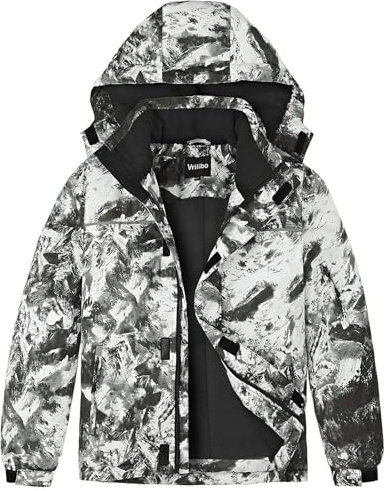 Vrilibo Boys Waterproof Ski Jacket Winter Warm Thick Snow Coat Fleece Lined Kids Outdoor Hooded Snowboard Jacket (US, Numeric, 12, 14, Snow/Ink)