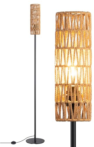 EDISHINE LED Floor Lamp, Rattan Standing Lamp, Boho Rustic Floor Lamps for Living Room, Bedroom, 165cm, E27 Socket, LED Bulb Included, Foot Switch, Hollow Lampshade