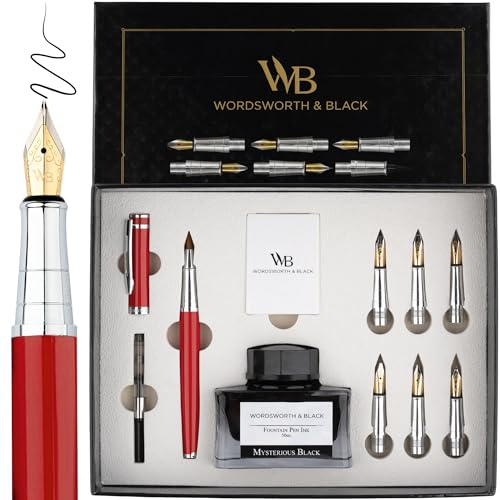 Wordsworth & Black Set regalo penna per calligrafia, include bottiglia d'inchiostro, 6 cartucce d'inchiostro, convertitore ricarica d'inchiostro, 6 punte di ricambio, Pacchetto Premium[Cromo Rosso]