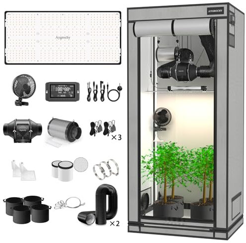 Aygrochy Set completo con controller integrato centrale. Ventilazione automatica, lampada a LED a spettro completo, 60 x 120 x 180 cm, PEVA ad alta riflettività Grow Box completo.