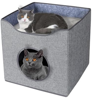 Hausleben Stilvolles Katzenhaus Grau – 40×38×40 cm – inkl. 2 Matratzen & Liegefläche auf dem Dach – Modernes Katzenbettchen für Katzen & Kätzchen – Komfortables Katzenzubehör & Katzenspielzeug